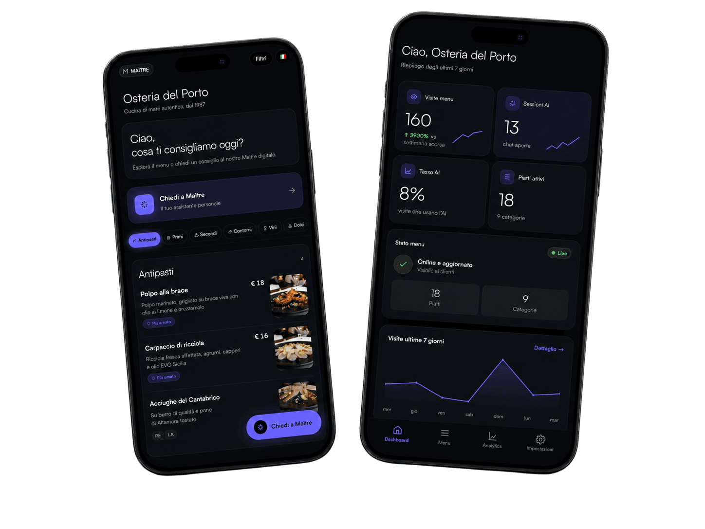 Maitre — menu e assistente AI su iPhone